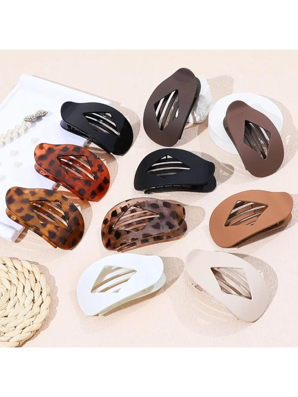 10 PCS Large Leopard Print Hair Claw Clips - Stylish Flat Hair Clips for Women